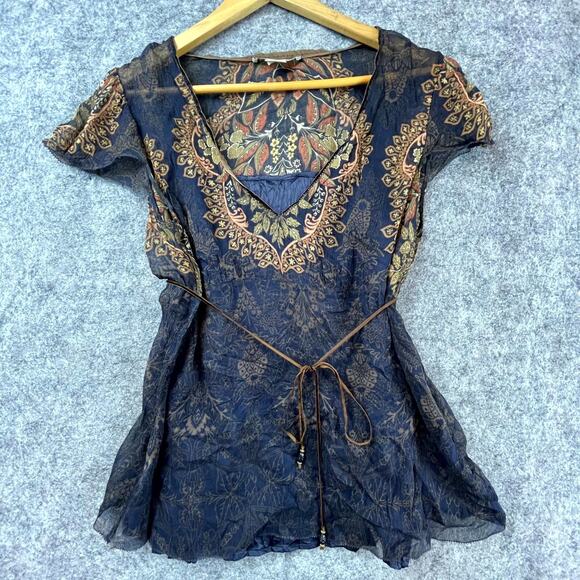 Peter Nygard Top Womens 12 Blue Floral Sheer Belted Boho Ethnic Y2K Indie Folk - Picture 1 of 7